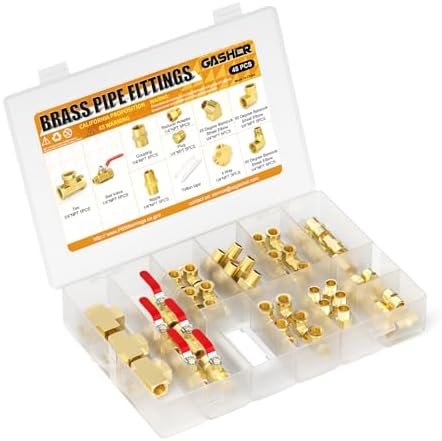 GASHER 48PCS 1/4"NPT Brass Pipe Fittings Kit，Coupling，90 Degree Elbow，45 Degree Elbow，Nipple，Ball Valve，Plug，Tee，4 Way，Reducer Adapter