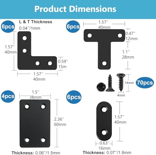 QSJ 22 Pack Straight Brace Stainless Steel Black Flat Brace Straight Corner Braces Straight Brackets Metal Flat Straight Mending Plates with Screws