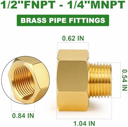 TAISHER 3PCS Brass Pipe Fitting, Reducer Adapter, 1/2" Female x 1/4" Male NPT Pipe