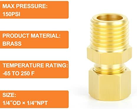 GASHER 10PCS Brass Compression Tube Pipe Fitting Connector, 1/4" Tube OD x 1/4" NPT Male Connector
