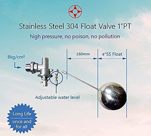 Viton sealing, 304 Stainless Steel Balanced Float Ball Valve, Tank Mount, 100 Psi (1")