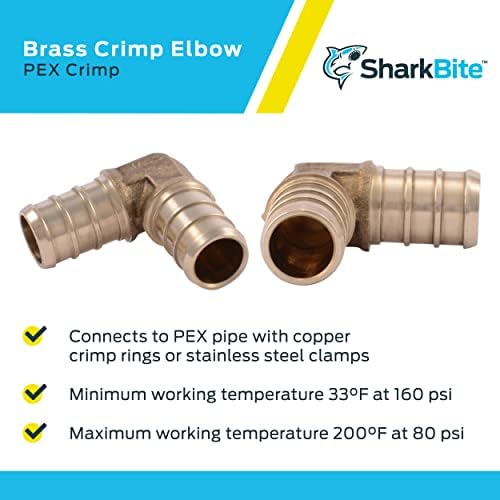 SharkBite 1/2 x 3/4 Inch Crimp 90 Degree Reducing Elbow, Pack of 25, Brass Plumbing Fitting, PEX, PE-RT, UC274LF