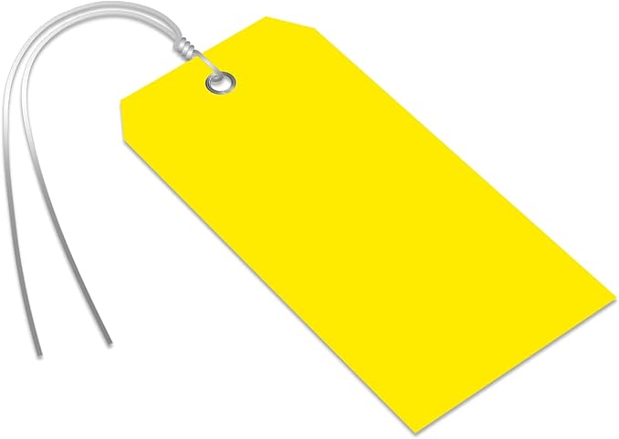 SmartSign Pack of 100 Yellow Plastic Tags with Wires, 4.75 x 2.375 inch, Metal Eyelet, 10 mil Tear-Proof Polylith Plastic Size 5, Writable