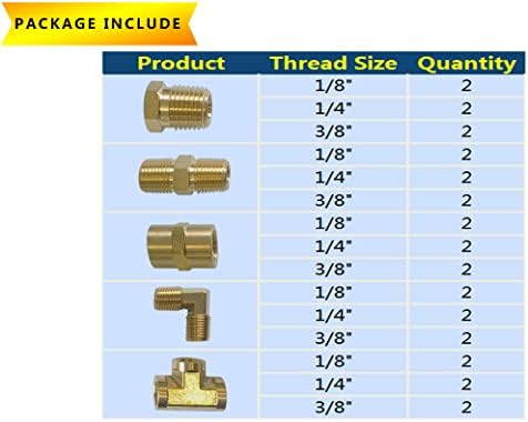 Brass Pipe Fittings, NPT Tee, Hex Head, Hex Nipple, Hex Coupling, 90 Degree Barstock Forged Elbow, Air Hose Fittings, 1/8" 1/4" 3/8" NPT Brass Fittings Kit, for Up to 1200PSI