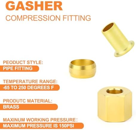 GASHER 60PCS Brass Compression Fitting Kit,Sleeve Ferrules&Insert Tube Support&Ferrule head,1/2" Tube OD