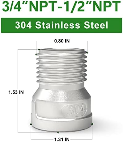 TAISHER 5PCS 304 Stainless Steel Pipe Fitting, Reducer Adapter, 1/2" Male NPTx 3/4" Female NPT