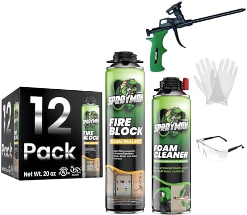 Sprayman Orange Fire Block Expanding Spray Foam - (12x20oz) Professional Gun Use Polyurethane Foam for Electrical Outlets & Water Pipes, B2 Fire Rated - Gun Included - 12 Pack