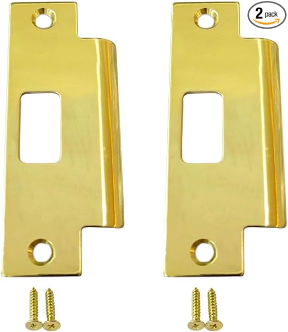 QCAA Solid Brass Extended Replacement Lock Strike Plate, Round Corner, 4-7/8" for Deadbolt, Polish Brass, 2 Pack, Made in Taiwan