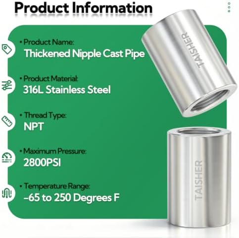 TAISHER 1Pcs 316 Thickened Nipple Cast Pipe,3/4" NPT Female, 2" Length
