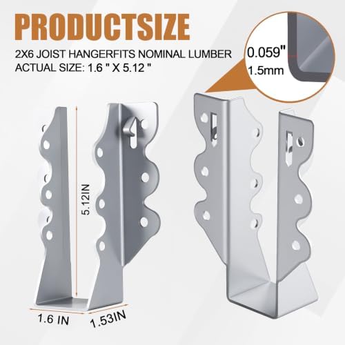 2x6 Joist Hangers Galvanized 60 Pcs,16 Gauge Face Mount Joist Hanger