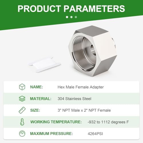 TAISHER 1PCS 304 SS Hex Reducer Adapter 3" NPT Female x 2"NPT Male