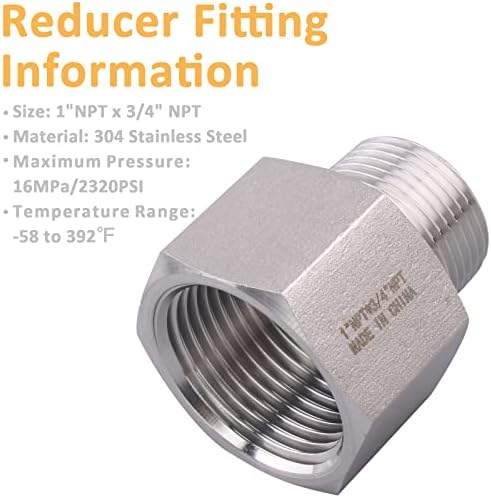 Forged Reducer Adapter Fitting - Stainless Steel 304 Reducing Pipe Connector, 1" NPT Female x 3/4" NPT Male (pack of 2)