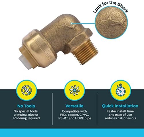 SharkBite 1/2 Inch x 3/8 Inch 90 Degree Dishwasher Elbow, MNPT, Pack of 6, Push to Connect Brass Plumbing Fitting, PEX Pipe, Copper, CPVC, PE-RT, HDPE, U281LF
