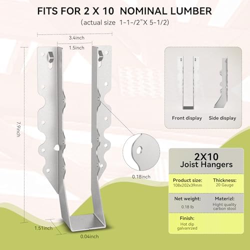 50pcs 2x10 Joist Hanger,LU210 18 Gauge Galvanizing Face Mount Joist Hangers for Wood,Hurricane Tie for Rafter Fits Truss Connectors,Rafter Hangers 2x10 Great for Floor Deck and Ceiling Joists
