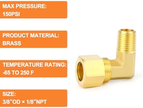GASHER 5PCS Brass 90 Degree Elbow Compression Tube Pipe Fitting Connector, 3/8" Tube OD x 1/8" NPT Male Connector