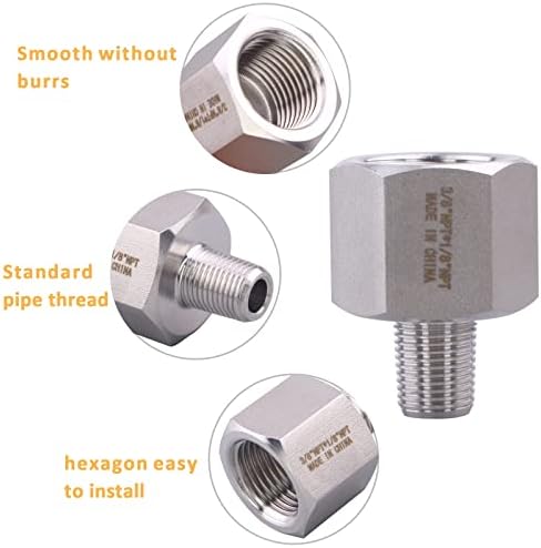 Forged Reducer Adapter Fitting - Stainless Steel 304 Reducing Pipe Connector, 3/8" NPT Female x 1/8" NPT Male (pack of 2)