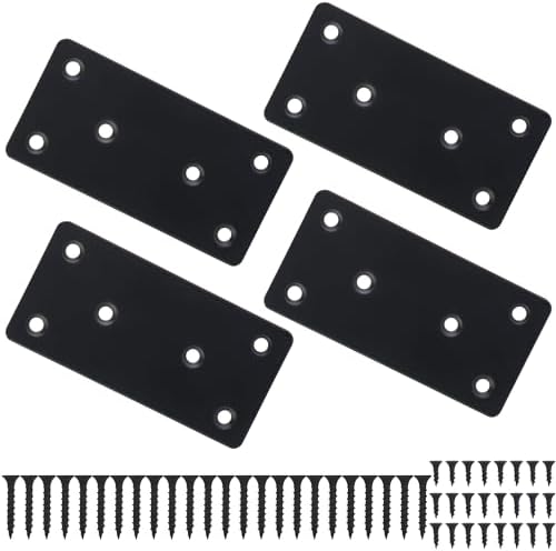 Mending Plate, Metal Steel Flat Straight Brace Bracket, Black Double-Wide Joining Plate for Wood Furniture Fastening & Fixing with 2 Sets of Screws of Different Lengths(50x100mm, 4 Pack)