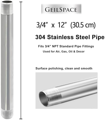 GeilSpace 3/4" x 12" 304 Stainless Steel Nipple Pipe Fitting, NPT Threaded