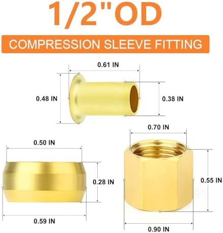 GASHER 60PCS Brass Compression Fitting Kit,Sleeve Ferrules&Insert Tube Support&Ferrule head,1/2" Tube OD