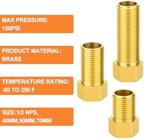 GASHER 3PCS Extension Brass Pipe Fitting, 1/2" Female to 1/2" Male Pipe Hex Bushing Adapter Converter Adapter, 40mm/50mm/70mm