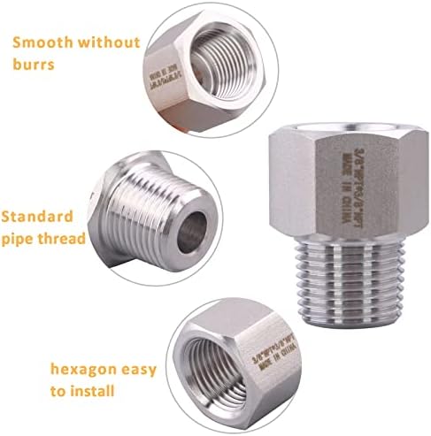 Forged Reducer Adapter Fitting - Stainless Steel 304 Reducing Pipe Connector, 3/8" NPT Female x 3/8" NPT Male (pack of 2)