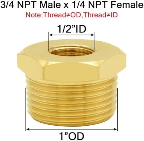 Joywayus 2Pcs Brass Reducing Hex Bushing 3/4" NPT Male to 1/4" NPT Female