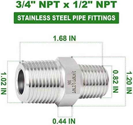 TAISHER 5PCS 304 Stainless Steel Hex Nipple, Reducer Pipe Fitting 3/4-Inch Male Pipe x 1/2-Inch Male Pipe