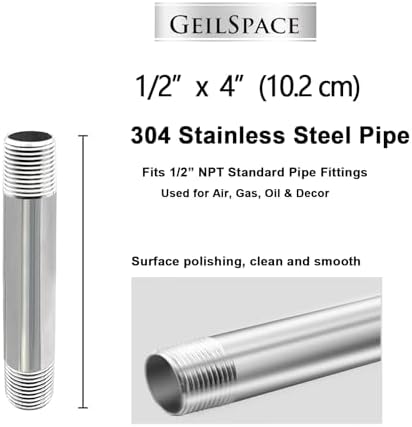 GeilSpace 1/2" x 4" 304 Stainless Steel Nipple Pipe Fitting, NPT Threaded