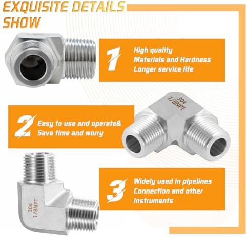 Stainless Steel Pipe Fitting 90 Degree Barstock Street Elbow 3/8" NPT Male x 3/8" NPT Male 2 Pack