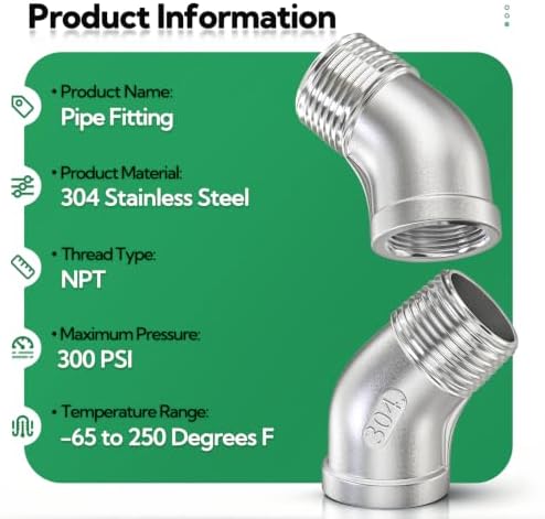 TAISHER 10PCS 304 Stainless Steel 45 Degree elbow,3/4“ NPT Female Pipe to 3/4” NPT Male Pipe Fitting
