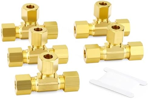 5PCS Brass Tee Compression Tube Fitting, 1/4" OD