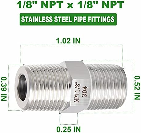 TAISHER 2PCS 304 Stainless Steel Hex Nipple, Pipe Fitting 1/8-Inch Male Pipe x 1/8-Inch Male Pipe