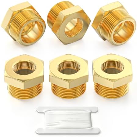TAISHER 6PCS Brass Reducer Hex Bushing Threaded Pipe Fitting 1/2" NPT Male x 1/4" NPT Female Adapter