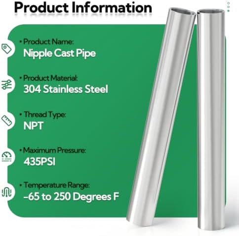 TAISHER 2Pcs 304 SS Nipple Cast Pipe Fitting, 1" NPT Female, 12" Length