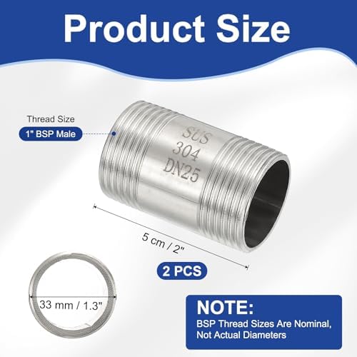 PATIKIL 304 Stainless Steel Pipe Fitting, 2 Pack 1" BSP Male x 1" BSP Male Threaded 2" Length Nipple Cast Pipe for Extending Piping, Silver