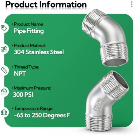 TAISHER 2PCS 304 Stainless Steel 45 Degree elbow,1/2” NPT Male Pipe Fitting