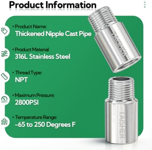 TAISHER 2Pcs 316 Nipple Cast Pipe,1/2"Male NPT x 1/2"Female NPT, 2"(L)