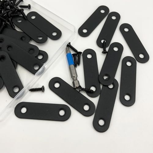 QSJ 24 Pcs Black Straight Bracket Mending Plate for Wood Stainless Steel Straight Brackets 56mm / 2.2" Wood Brace with Screws and Screwdriver