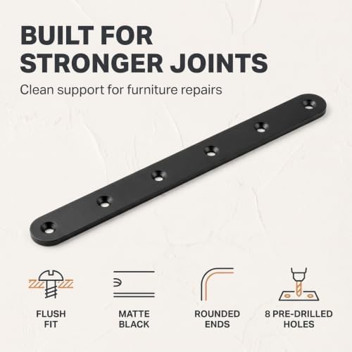 12Pack Straight Brackets Black, 8Inch 200MM Mending Plate Metal Brackets for Brace, Heavy Duty Joining Plates for Wood Fence Bookcase Cabinet, Straight Brace Repairing Mending Plates