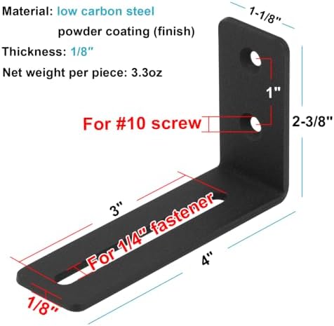 10 PCS 4" Black Adjustable Slotted L Bracket, Corner Brace, 1/8" Thick