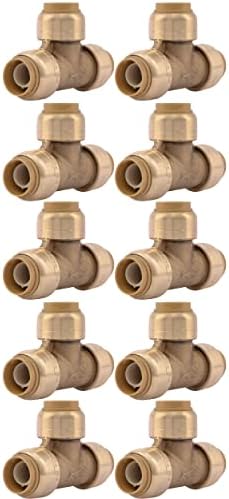 SharkBite 1/2 Inch Tee, Pack of 10, Push to Connect Brass Plumbing Fitting, PEX Pipe, Copper, CPVC, PE-RT, HDPE, U362LFCP