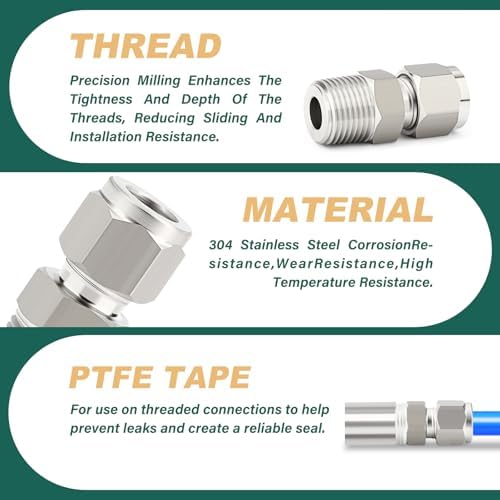 5PCS 304 Forging of Stainless Steel Compression Tube Pipe Fitting Connector, 3/8" Tube OD x 3/8" NPT Male Straight Adapter for fuel/air/liquid/oil/gas/vacuum pipelines