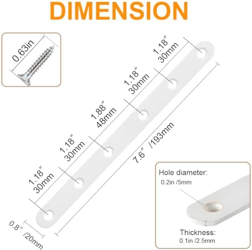 4 Pack White Straight Brackets, 8 Inch Stainless Steel Flat Brace Mending Plates, Heavy Duty Repair Brackets for Wood Furniture with Screws