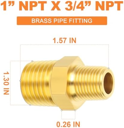 GASHER Brass Reducing Hex Nipples,1 Inch NPT Male x 3/4 Inch NPT Male Brass Pipe Adapter Fittings Reducing Nipples Connector（5Pcs）