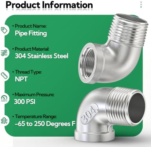 TAISHER 2PCS 304 Stainless Steel 90 Degree elbow,1-1/4" NPT Male Pipe to 1-1/4" NPT Female 304 Stainless Steel Pipe Fitting