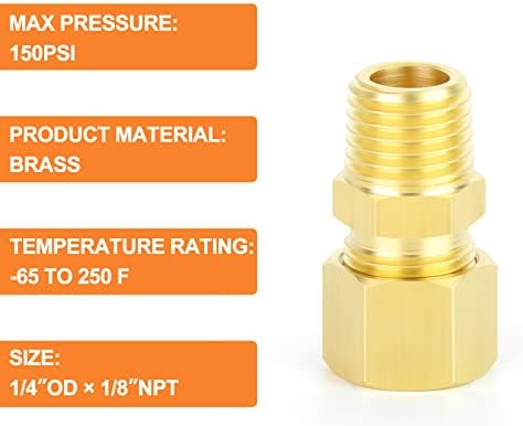 GASHER 10PCS Brass Compression Tube Pipe Fitting Connector, 1/4" Tube OD x 1/8" NPT Male Connector