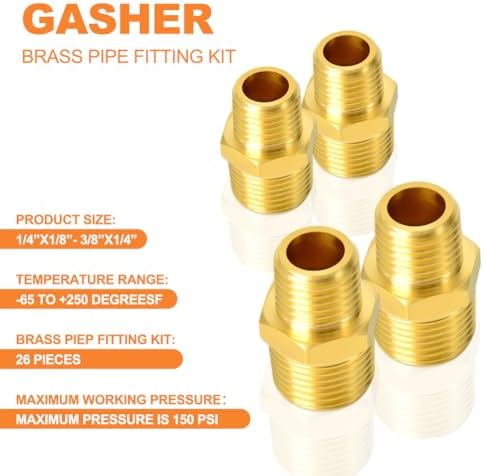 GASHER 26PCS Brass Pipe Fitting Kit, Hex Bushing, Reducer Adapter, Hex Nipple, 90 Degree Barstock Street Elbow