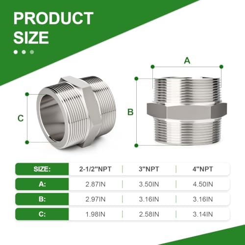 TAISHER 1pcs Hex Nipple 304 Stainless Steel NPT 3"NPT Male Pipe Fitting