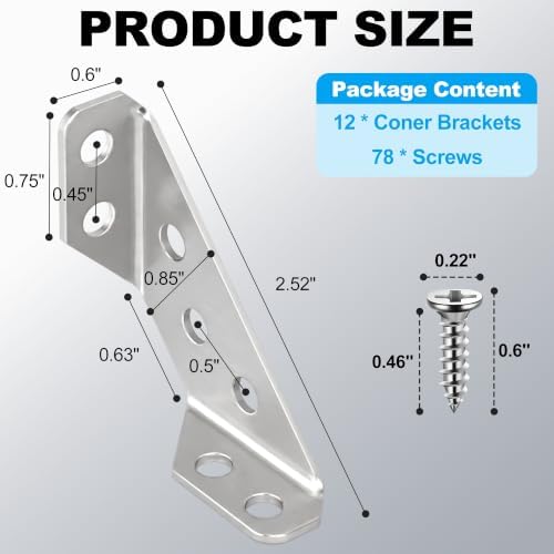 12PCS Corner Brackets for Wood, Universal Stainless Steel L Brackets