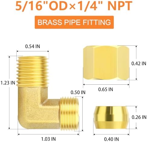 GASHER 5PCS Brass 90 Degree Elbow Compression Tube Pipe Fitting Connector, 5/16" Tube OD x 1/4" NPT Male Connector